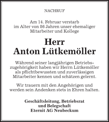 Traueranzeige von Anton Lütkemöller von Die Glocke