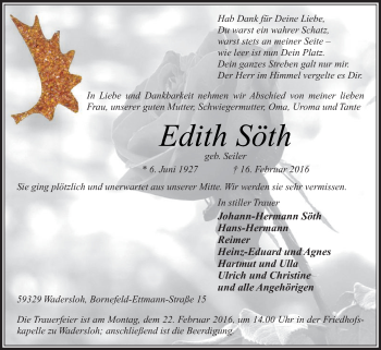 Traueranzeige von Edith Söth von Die Glocke