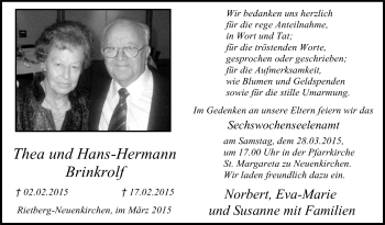 Traueranzeige von Thea und Hans-Hermann Brinkrolf von Die Glocke
