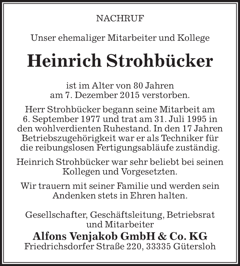  Traueranzeige für Heinrich Strohbücker vom 12.12.2015 aus Die Glocke