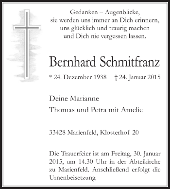 Traueranzeige von Bernhard Schmitfranz von Die Glocke
