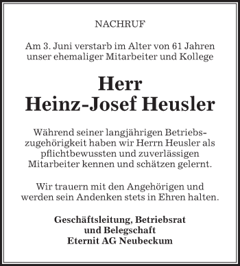 Traueranzeige von Heinz-Josef Heusler von Die Glocke