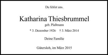 Traueranzeige von Katharina Thiesbrummel von Die Glocke