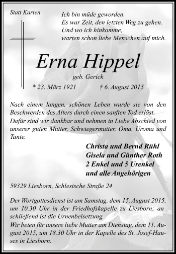Traueranzeige von Erna Hippel von Die Glocke