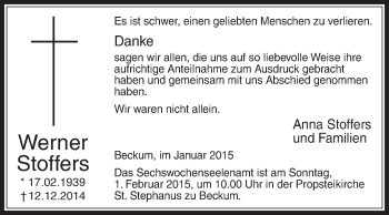 Traueranzeige von Werner Stoffers von Die Glocke