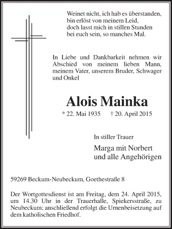 Traueranzeige von Alois Mainka von Die Glocke