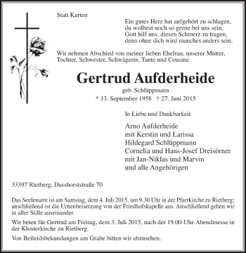 Traueranzeige von Gertrud Aufderheide von Die Glocke