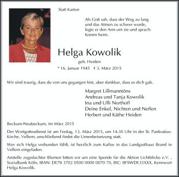 Traueranzeige von Helga Kowolik von Die Glocke