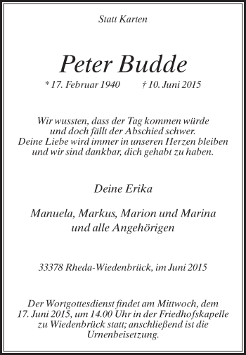 Traueranzeige von Peter Budde von Die Glocke