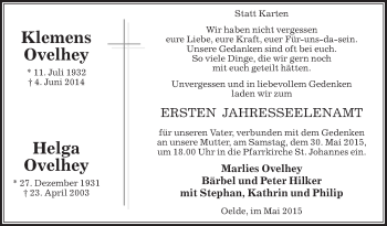 Traueranzeige von Klemens und Helga Ovelhey von Die Glocke