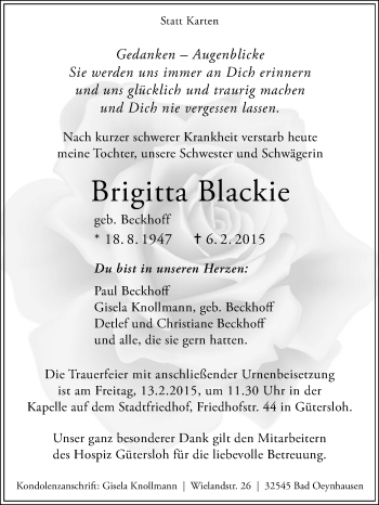 Traueranzeige von Brigitta Blackie von Die Glocke
