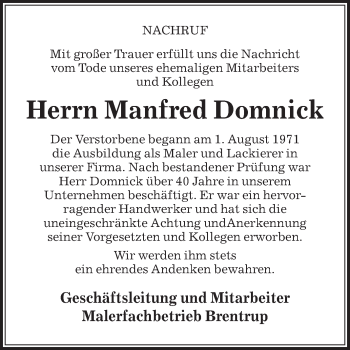 Traueranzeige von Manfred Domnick von Die Glocke