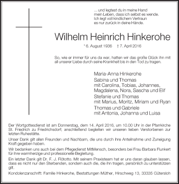 Traueranzeige von Wilhelm Heinrich Hinkerohe von Die Glocke