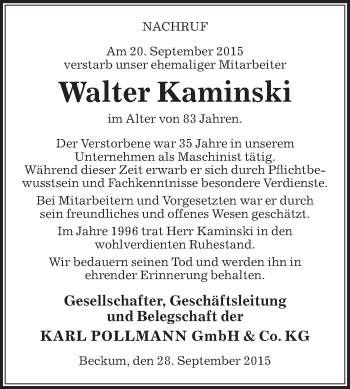 Traueranzeige von Walter Kaminski von Die Glocke