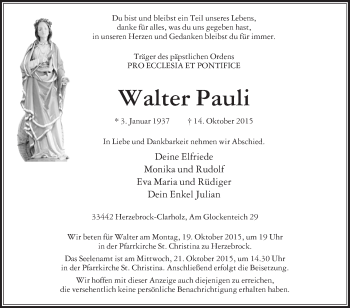 Traueranzeige von Walter Pauli von Die Glocke