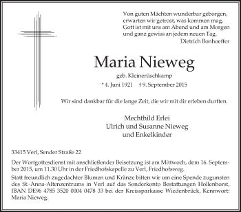 Traueranzeige von Maria Nieweg von Die Glocke