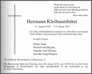 Traueranzeige von Hermann Kleibaumhüter von Die Glocke