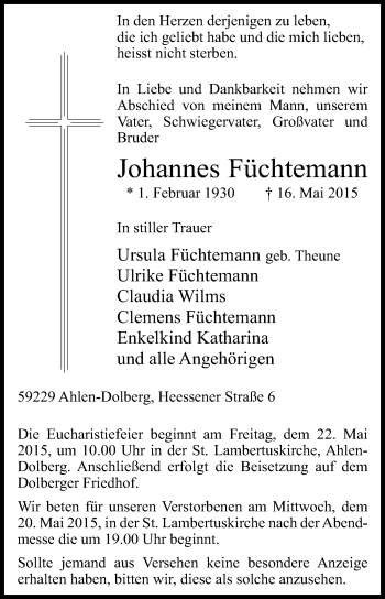 Traueranzeige von Johannes Füchtemann von Die Glocke