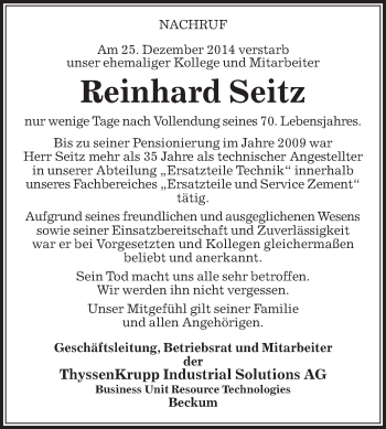 Traueranzeige von Reinhard Seitz von Die Glocke