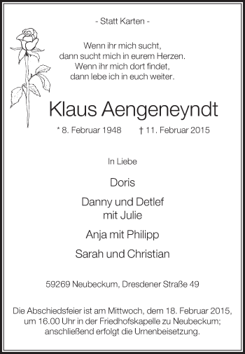 Traueranzeige von Klaus Aengeneyndt von Die Glocke