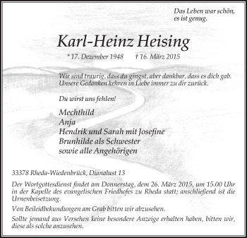 Traueranzeige von Karl-Heinz Heising von Die Glocke
