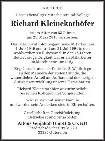 Traueranzeige von Richard Kleinekathöfer von Die Glocke