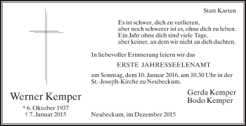 Traueranzeige von Werner Kemper von Die Glocke