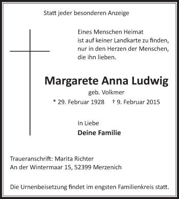 Traueranzeige von Margarete Anna Ludwig von Die Glocke
