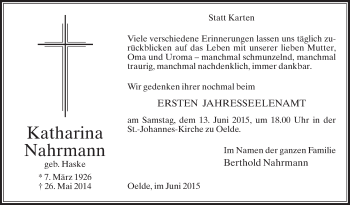 Traueranzeige von Katharina Nahrmann von Die Glocke