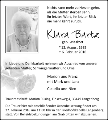 Traueranzeige von Klara Bartz von Die Glocke