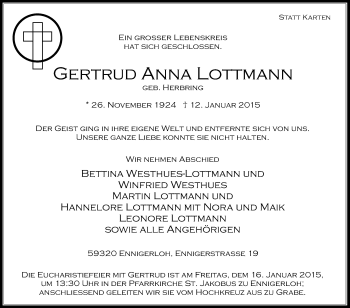Traueranzeige von Gertrud Anna Lottmann von Die Glocke