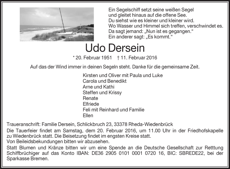  Traueranzeige für Udo Dersein vom 19.02.2016 aus Die Glocke