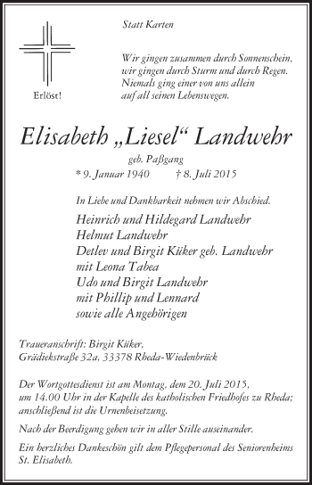 Traueranzeige von Elisabeth Landwehr von Die Glocke