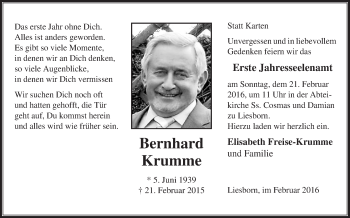 Traueranzeige von Bernhard Krumme von Die Glocke