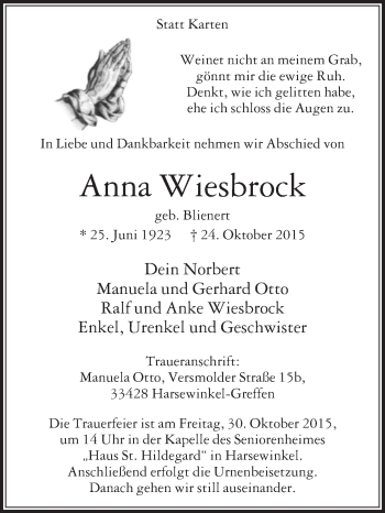 Traueranzeige von Anna Wiesbrock von Die Glocke