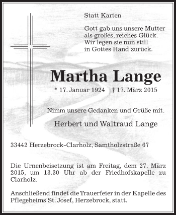 Traueranzeige von Martha Lange von Die Glocke