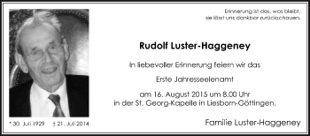 Traueranzeige von Rudolf Luster-Haggeney von Die Glocke