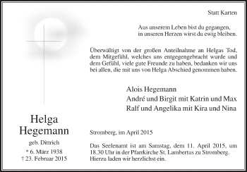 Traueranzeige von Helga Hegemann von Die Glocke