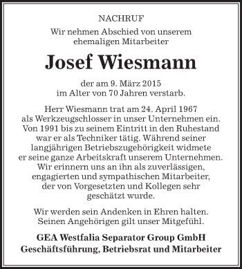 Traueranzeige von Josef Wiesmann von Die Glocke