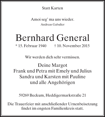 Traueranzeige von Bernhard General von Die Glocke