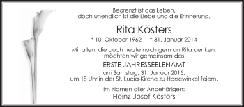 Traueranzeige von Rita Kösters von Die Glocke