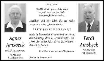 Traueranzeige von Agnes und Ferdi Amsbeck von Die Glocke