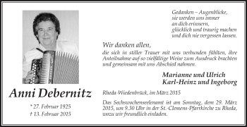 Traueranzeige von Anni Debernitz von Die Glocke