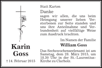 Traueranzeige von Karin Goss von Die Glocke