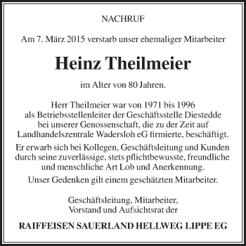 Traueranzeige von Heinz Theilmeier von Die Glocke