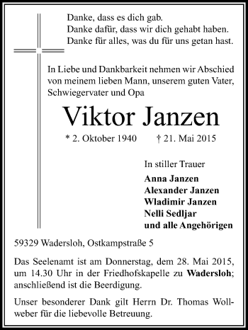 Traueranzeige von Viktor Janzen von Die Glocke