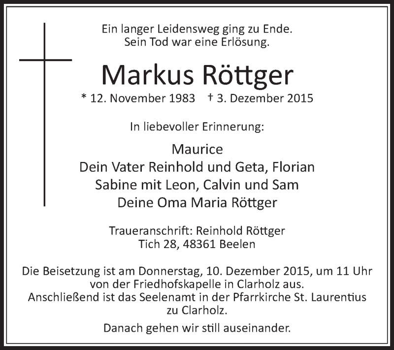  Traueranzeige für Markus Röttger vom 05.12.2015 aus Die Glocke