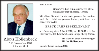 Traueranzeige von Aloys Hollenbeck von Die Glocke