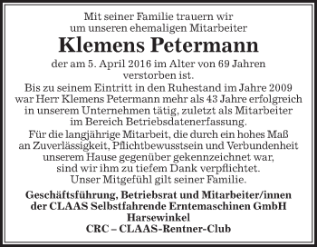 Traueranzeige von Klemens Petermann von Die Glocke