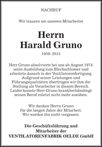 Traueranzeige von Harald Gruno von Die Glocke
